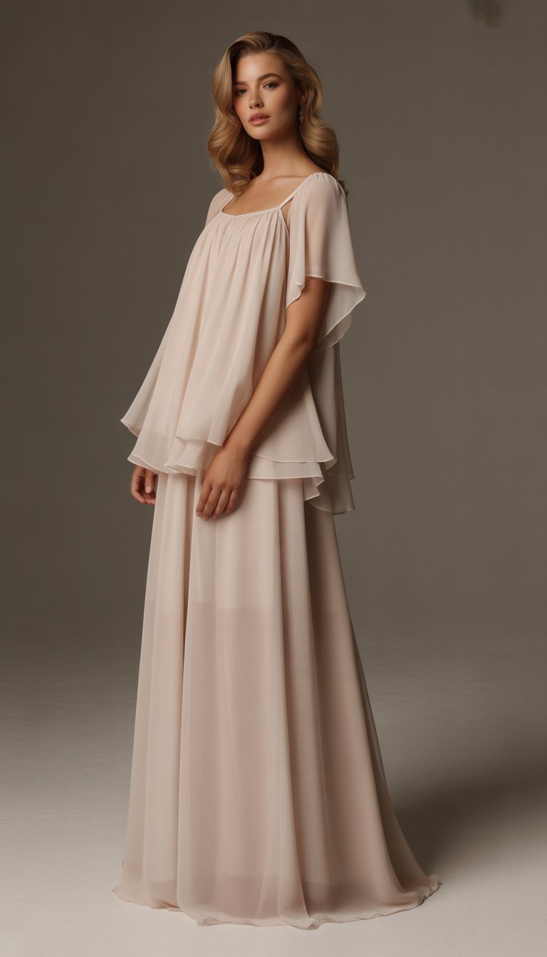 A person wearing a flowing layered gown with dropped sleeves stands in a softly lit studio.